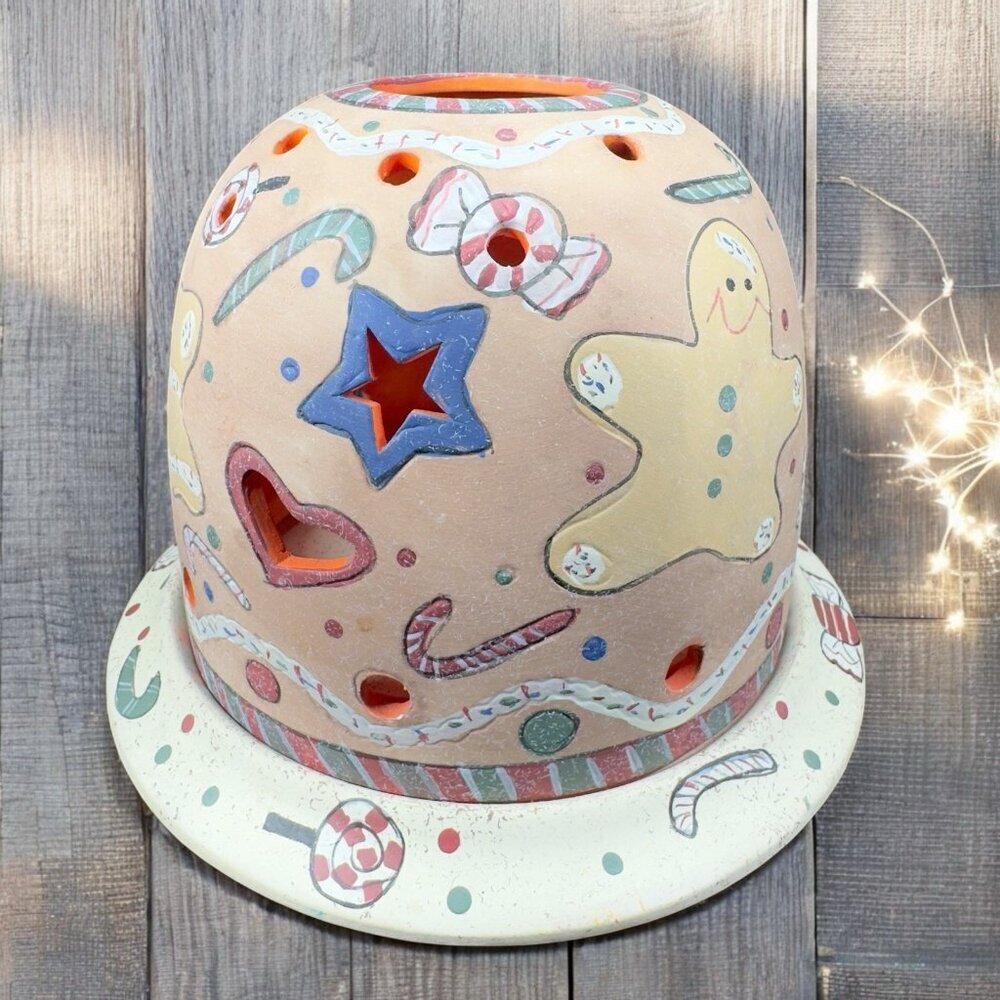 Gingerbread Tea Light‎ Votive Candle Dome Holder Plate Christmas Holiday Ceramic
